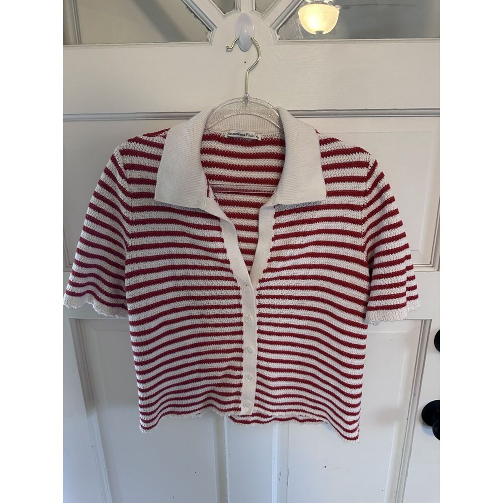 Red White Striped Knit Short Sleeve Button up shirt Preppy Coastal